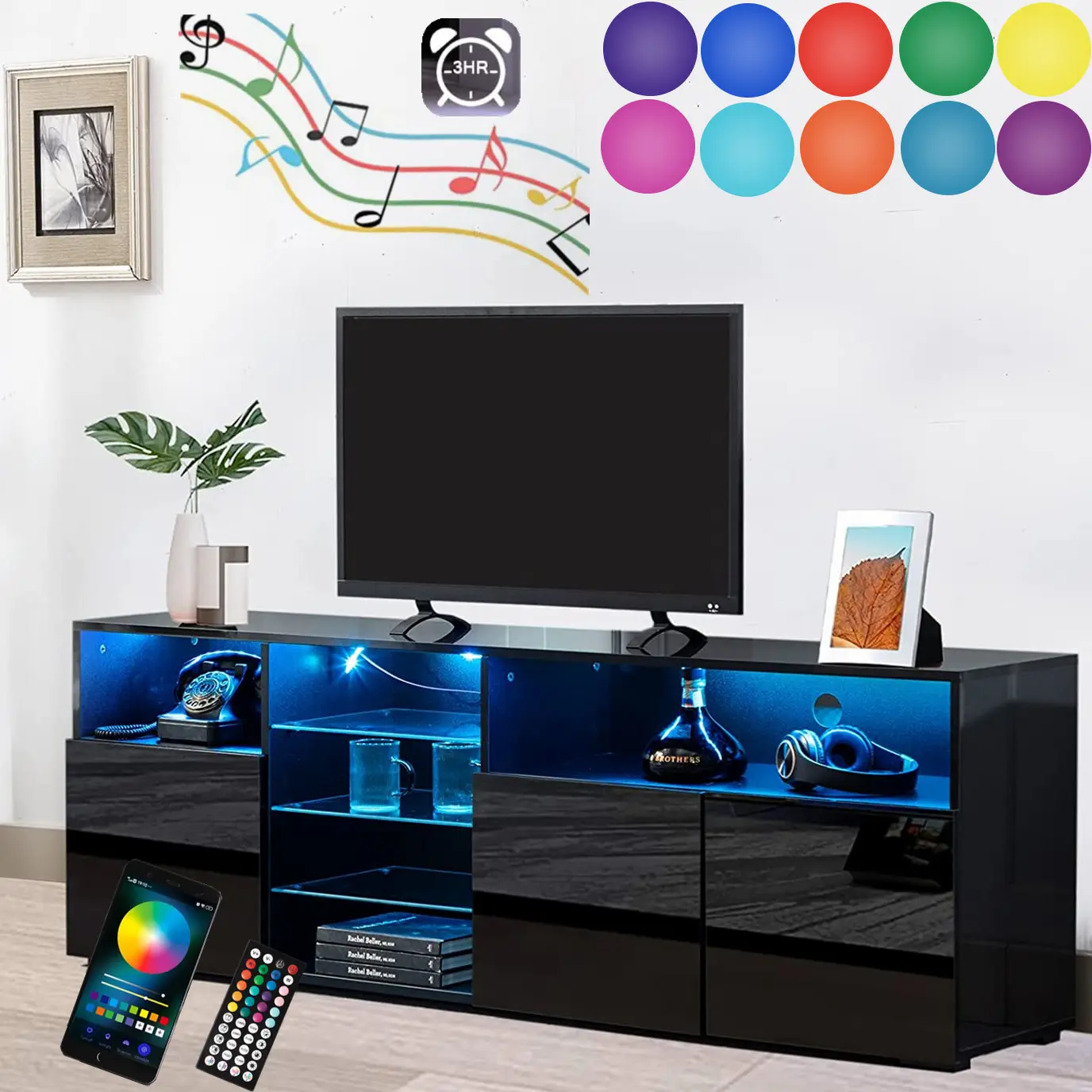 LED TV Stand for 70 inch TV, Modern Entertainment Center with LED Lights and Glossy Cabinets, TV & Media Furniture Console Table with Adjustable Stora