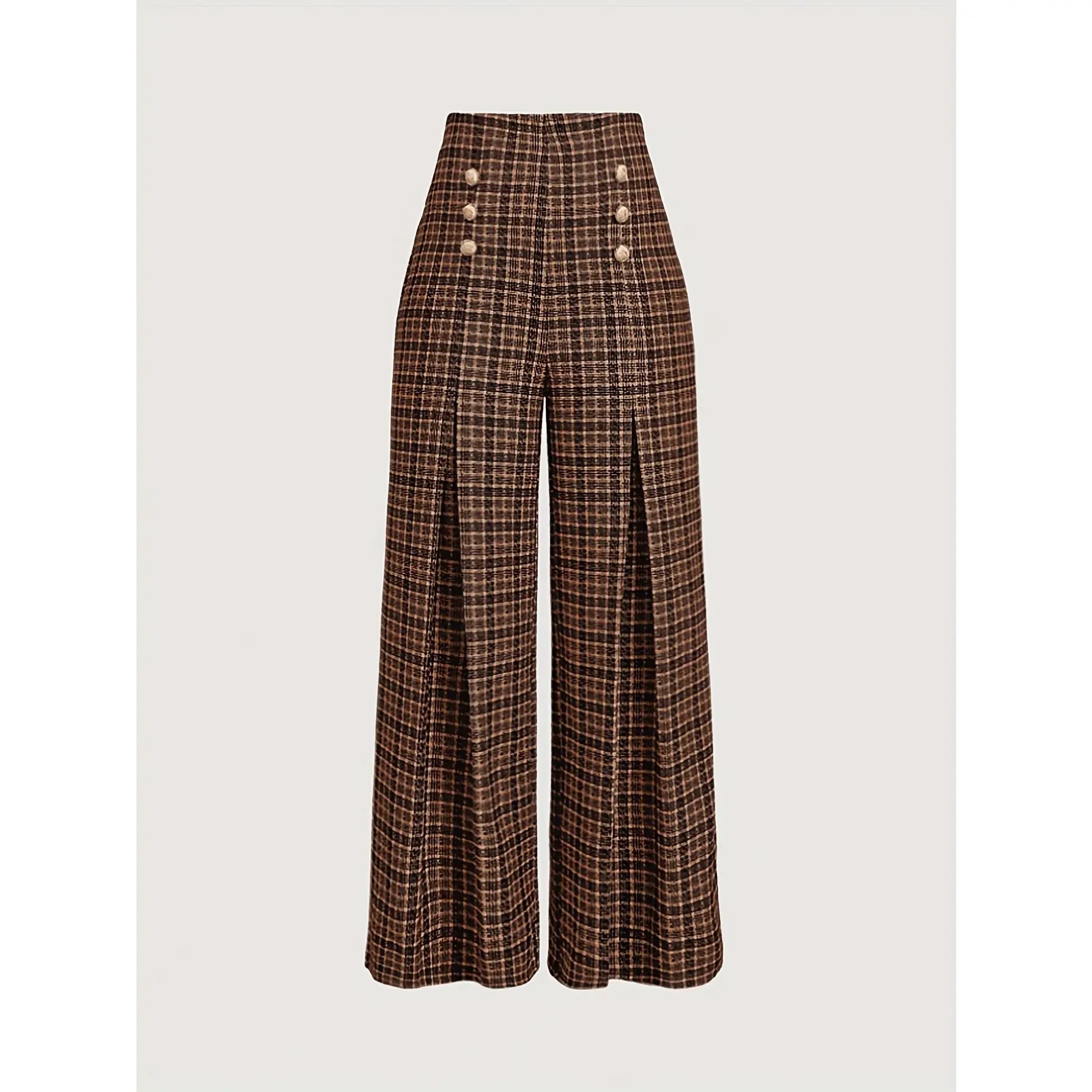 SYHAN 2026 Chic Lady's Wide-Leg Pants - Brown Plaid Beige Tan Knit Polyester Fabric, Button Waist Houndstooth-Like Design, All-Season, Machine-Washable, Structured Fit for Casual & Formal Bottom Wear