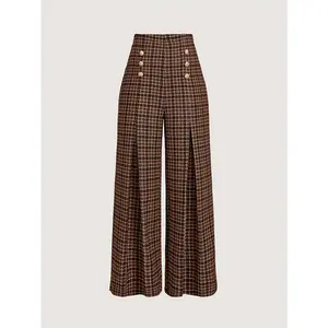 SYHAN 2026 Latest Elegant Wide-Leg Trousers - Brown Plaid Beige Tan with Button Waist Houndstooth-like Pattern All-Season Machine-Washable Pants for Casual Formal Wear Structured Fit Trousers - Womenswear, Bottom