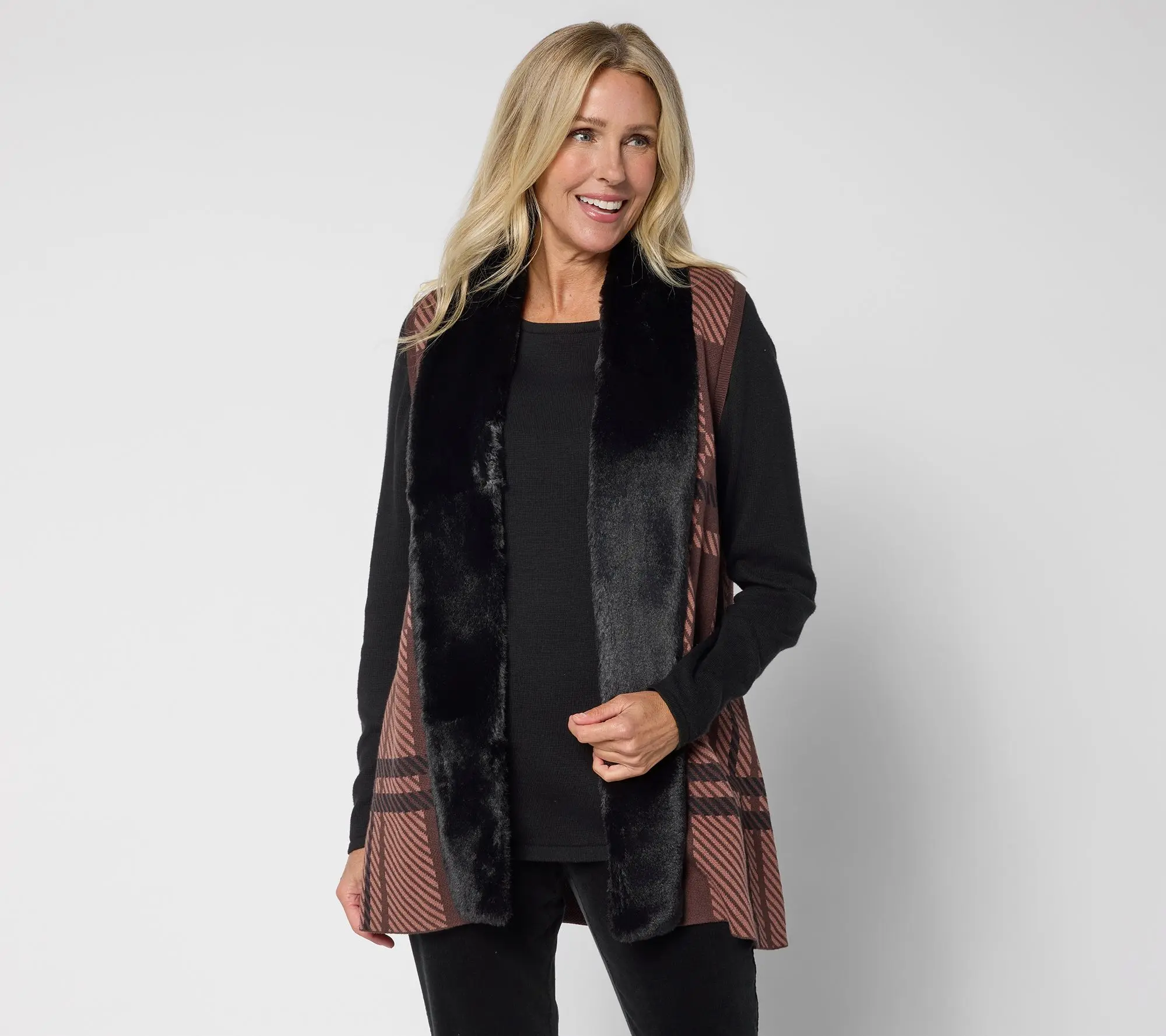 Denim & Co. Jacquard Plaid Faux Fur Trim Vest Denim & Co. Jacquard Plaid Faux Fur Trim Vest