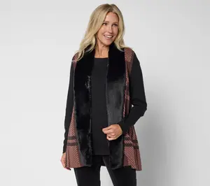 Denim & Co. Jacquard Plaid Faux Fur Trim Vest