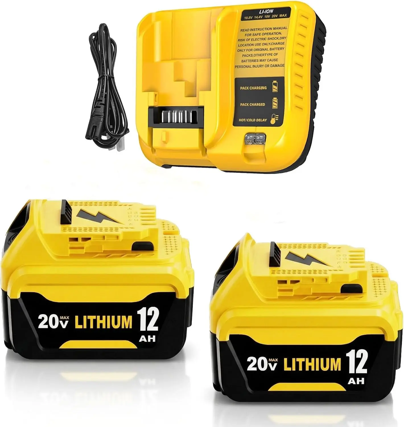 2-Pack 12000mAh High-Capacity Lithium-ion Replacement Batteries & DCB107H Charger Combo for DeWALT 20V, Compatible with DeWALT DCB207, DCB206 20V Series Cordless Power Tools