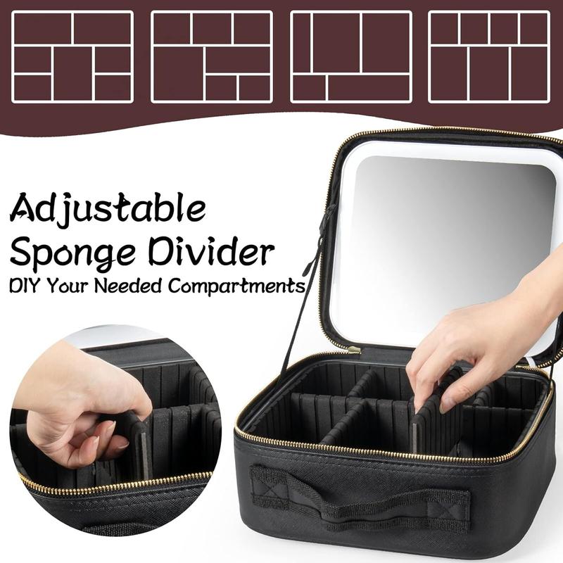 Makeup Bag with Removeable Lighted Mirror Travel Makeup Case 3 Color Lights Dimmable 4K Large Mirror Built-in Battery Detachable Dividers