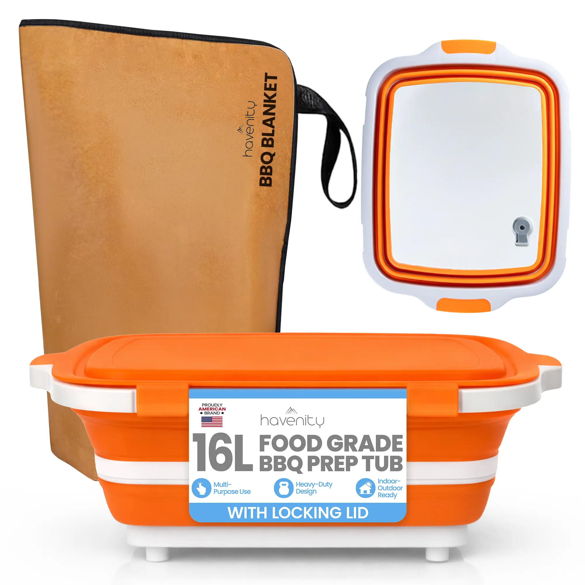 HAVENITY 2-Piece Plastic Portable Kitchen Food Storage Set - Leak-Resistant 5-Layer Insulation Smoker Meat Resting Bag, Collapsible 16L BBQ Prep Basin with Cutting Board Lid, Wide-Mouth Food Grade Silicone Camping Utensils, Outdoor Cooking Gift for Him