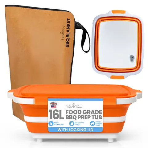 HAVENITY 2-Piece Plastic Portable Kitchen Food Storage Set - Leak-Resistant 5-Layer Insulation Smoker Meat Resting Bag, Collapsible 16L BBQ Prep Basin with Cutting Board Lid, Wide-Mouth Food Grade Silicone Camping Utensils, Outdoor Cooking Gift for Him