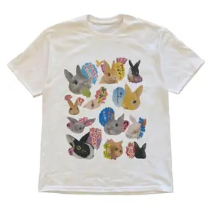 Japanese Meme Bunny Faces Graphic Tee | Cute Rabbit Expressions Print T-Shirt | Soft Breathable White Crewneck | Kawaii Aesthetic Casual Everyday Top