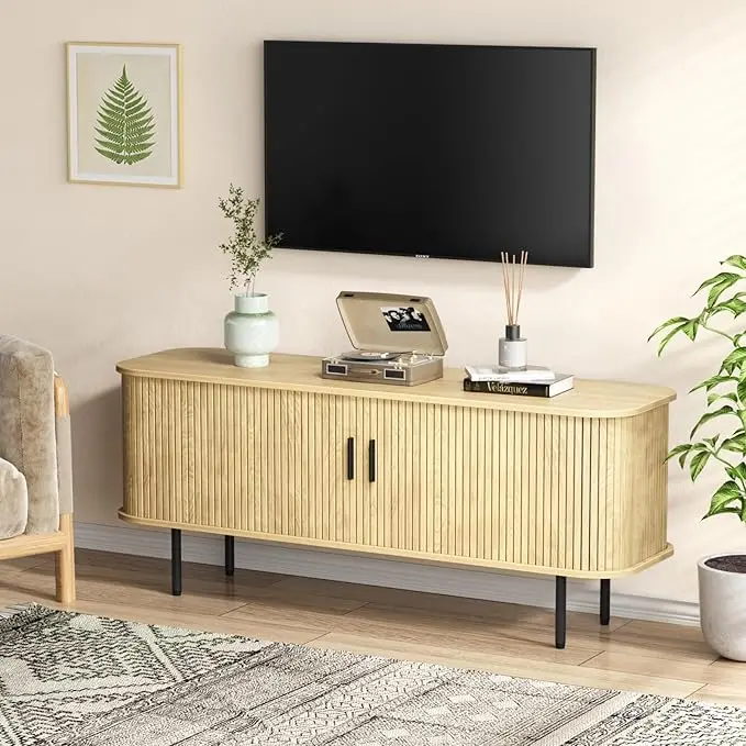 [Summergarden] Vabches 55''W Wooden TV Stand Storage Cabinet, Fluted Sideboard Buffet with Tambour Slatted Sliding Doors & Multiple Shelves, Modern Credenza Console Table for Living Room, Kitchen