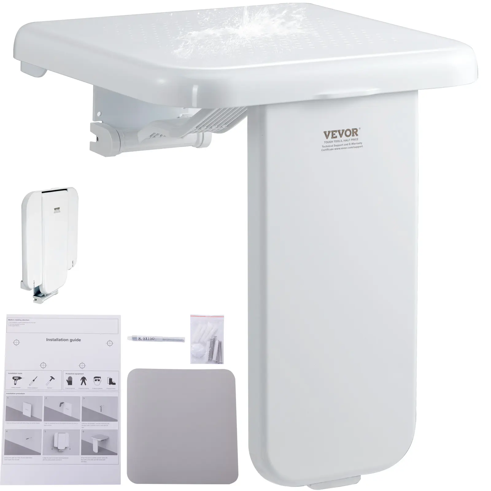 VEVOR Folding ABS Shower Seat, 15.7'' x 16.7'' Unfolded, Wall Mounted Fold Up Shower Bench with 440 lbs Load Capacity, Space Saving Fold Down Shower Chair for Seniors Pregnant Women Children Adults