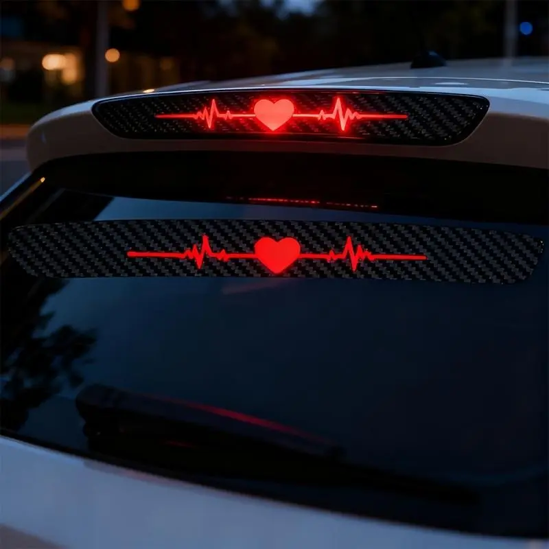 High-Position Brake Light Sticker, Heartbeat Ecg Tail Light Sticker, 3D Carbon Fiber, Matte Finish, Car Safety Decal, Vinyl Material, Car Decals
