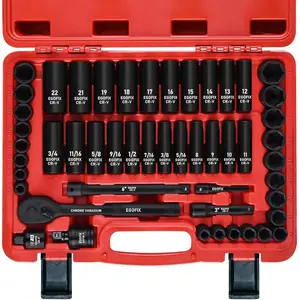 3/8" Drive 50PCS Impact Socket Set, 6 Point Includes Standard SAE (5/16''-3/4'') and Metric (8-22mm) Sockets with Ratchet Handle, Extension Bars, Adapter, Durable Cr-V Steel for Auto Repair Maintenance