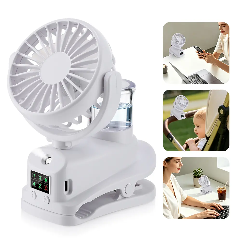 Portable Clip On Spray Fan with LED Display, 4 Speed Mini Desk Fan with Humidifier, USB Rechargeable 360° Rotation Personal Cooling Fan for Office Bedroom Travel