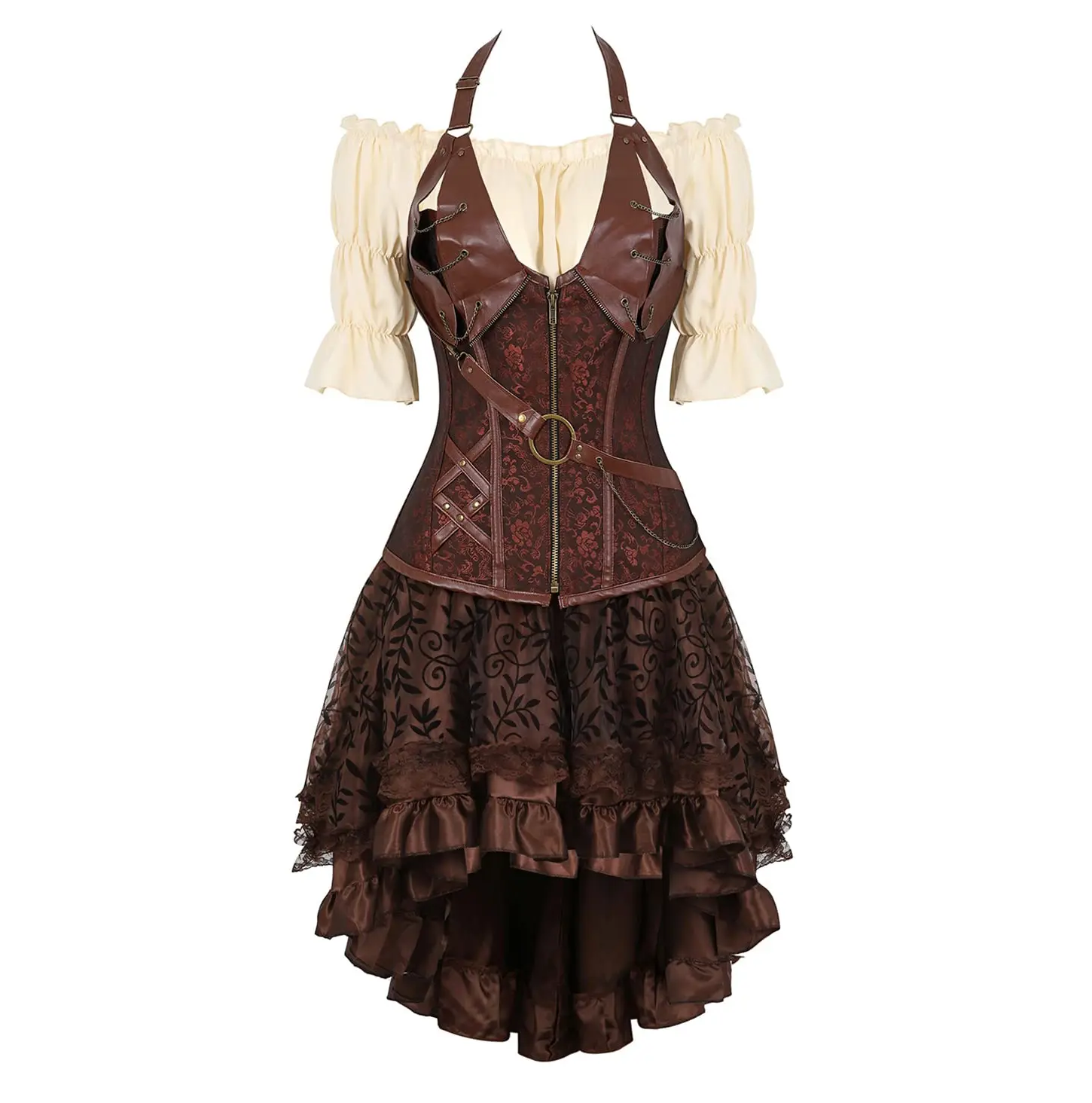 Steampunk Leather Corsets Bustiers Skirt Blouse Set 3 piece Boned Corset+Shirt+Skirt Outfits for Women Suit Womenswear Fitted Above The Knee Gothic Vintage Cosplay Basic Minimalist 8105/6505/7056