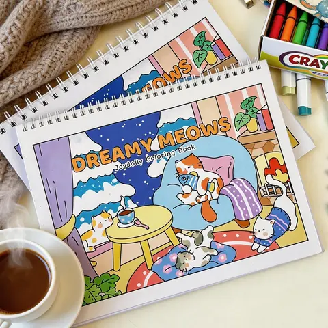 [Dreamy Meows] JoyJolly Art Coloring Book Volume 1, Unisex Adult Cartoon Wind-Down Coloring Nights Book, Spiral Binding, 20 Full-Page Illustrations, Durable Hardcover Protects Pages, Bright White Paper, Flat-Lay Ease, Mini Sticker