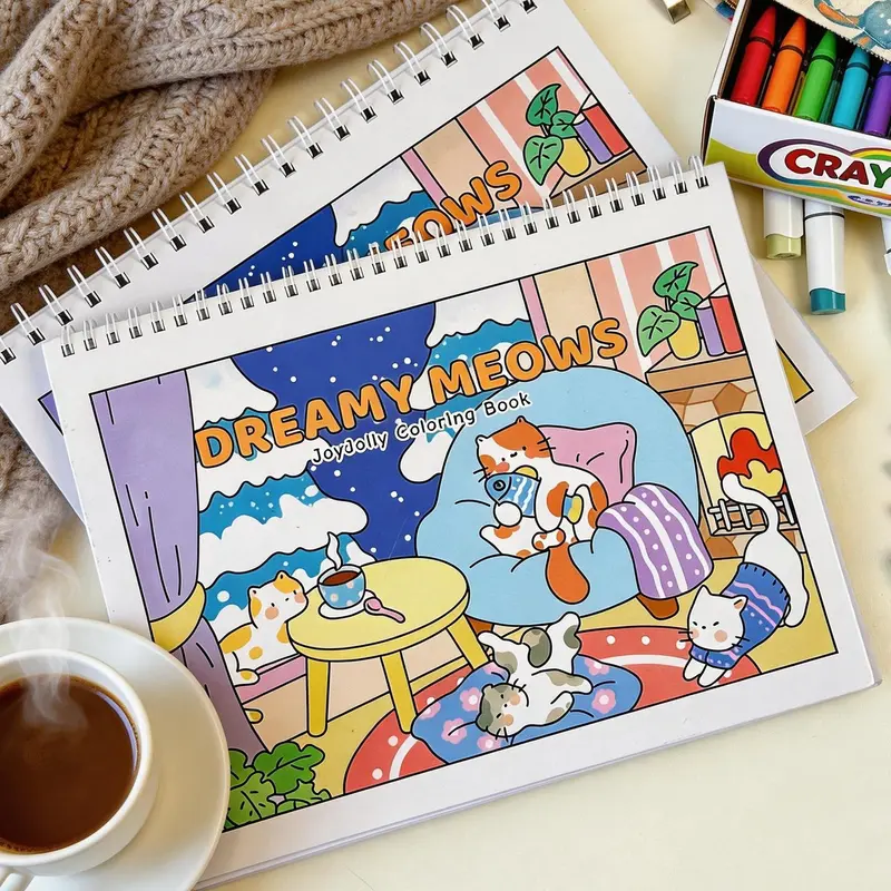 [Dreamy Meows] JoyJolly Art Coloring Book Volume 1, Unisex Adult Cartoon Wind-Down Coloring Nights Book, Spiral Binding, 20 Full-Page Illustrations, Durable Hardcover Protects Pages, Bright White Paper, Flat-Lay Ease, Mini Sticker