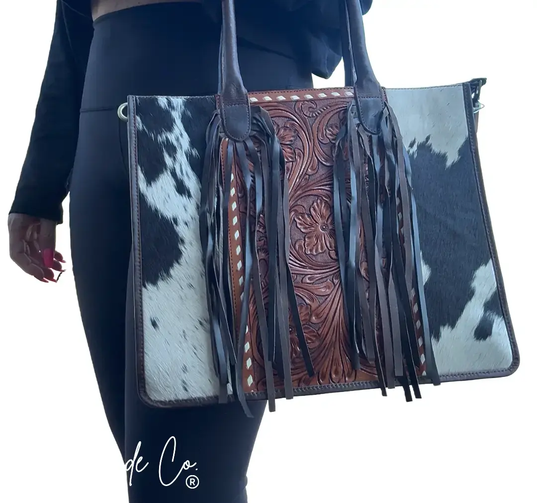 Countryside Co. Jesse Cowhide and Tooled Leather Shoulder Bag 11.5 x 14 Inches with Zipper Closure, Detachable Adjustable Shoulder Strap bag tote  bag city girlfriend gift purse work