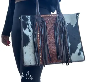 Countryside Co. Jesse Cowhide and Tooled Leather Shoulder Bag 11.5 x 14 Inches with Zipper Closure, Detachable Adjustable Shoulder Strap bag tote  bag city girlfriend gift purse work