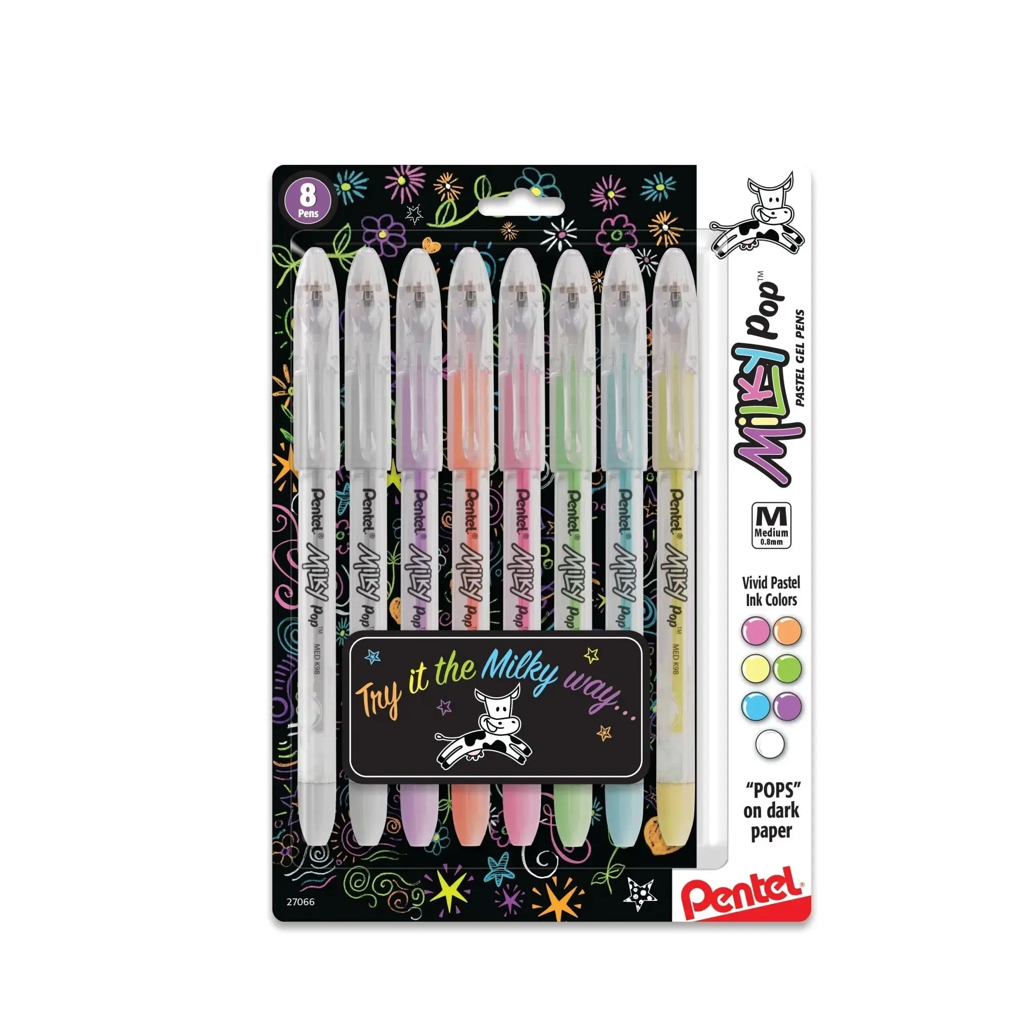 Pentel Milky Pop Aesthetic Gel Pens - 8-Pack Assorted Ink, 0.8mm Medium Line, Latex-Free Grip, Smooth Writing, Stable Performance, AP Certified Non-Toxic Colored Pens for Note-Taking, Photo Paper Compatible College Student Office Stationery
