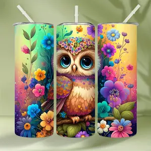 20Oz Elegant Stainless Steel Insulated Tumbler With Charming Owl Floral Design For Hot Cold Beverages Ideal For Office Camping And Holiday Gifts
