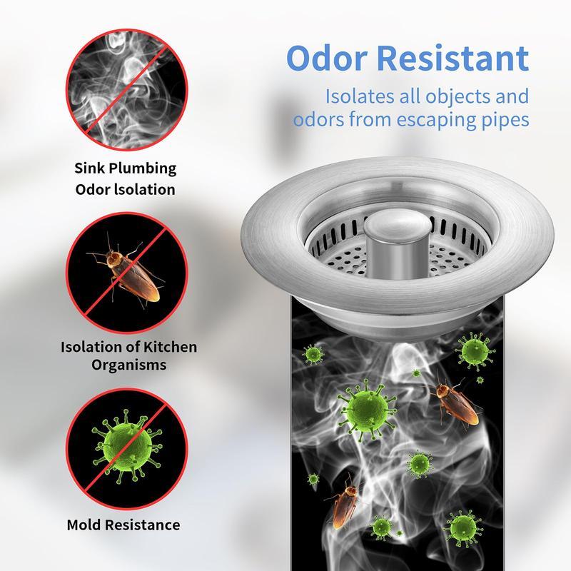 Grab this durable all-metal 3-in-1 sink strainer stopper! Boasting a pop-up bounce design, it works with most 3-1/2 inch kitchen sink drain holes. Its built-in handle rod efficiently traps food debris to prevent annoying sink clogs.