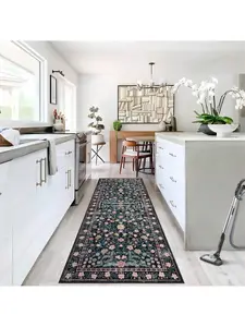 Black-2*6ft Retro Mottled Flowers Area Rug Boho Design Non-Shedding Easy Care Ideal For High Traffic Areas In Living Room Bedroom Office Coffee Table Kitchen Large Carpet