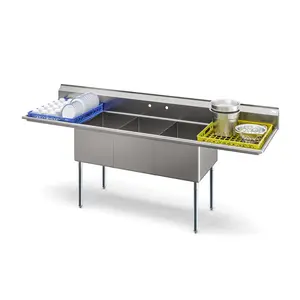 102 in. Three Compartment Commercial Sink Bowl Size 18x24x14 Stainless-Steel 18 Gauge with Two Drainboards