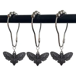 P-BS020  Skull Death's-Head Hawkmoth Shower Curtain Hooks Rings,12Pcs Dead Moth with Skull Face Halloween Rustproof Metal Shower Rings,Gothic Style Insect Theme Home Bathroom Decor Set Stainless