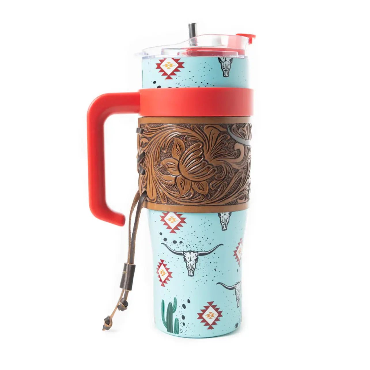 Wide Wyoming Tumbler – 40oz Western Cup with Tooled Leather Sleeve | Turquoise Cactus, Bull Skull & Aztec Design