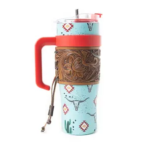 Wide Wyoming Tumbler – 40oz Western Cup with Tooled Leather Sleeve | Turquoise Cactus, Bull Skull & Aztec Design
