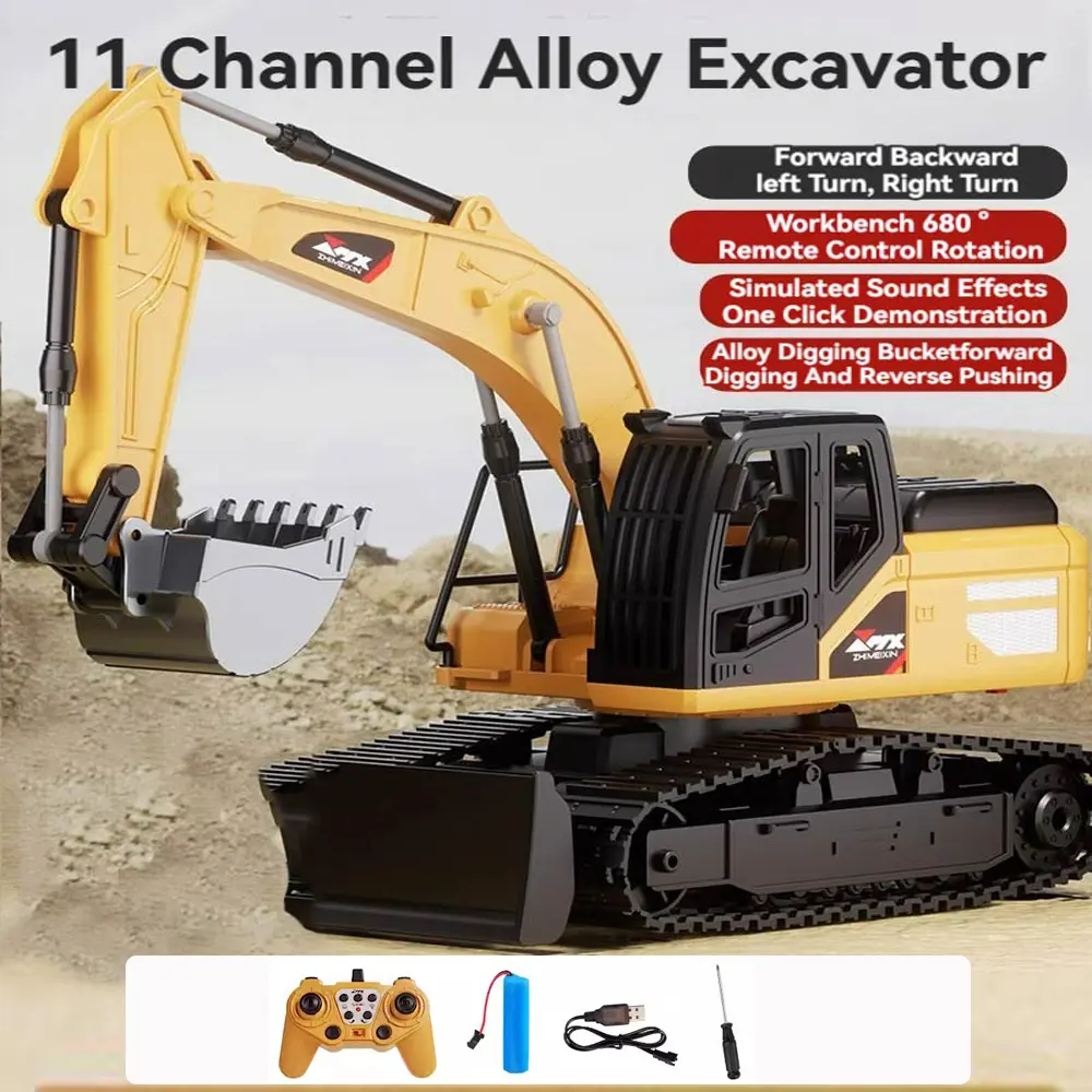 RC Excavator Toys with Dozer Blade - 2.4G 11-CH RC Construction Vehicle, Metal Shovel, Lights, Sound, Rechargeable Battery, Ideal Gift for Kids