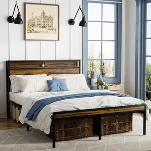 Vintage Brown Queen Size Bed Frame with LED Light Storage Headboard, Charging Station, Solid and Stable, Noise-Free, No Box Spring Needed, Easy Assembly