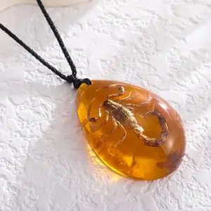 Amber Pendant Large Water Drop Necklace Animal Fossil Insect Scorpion Pendant Sweater Chain