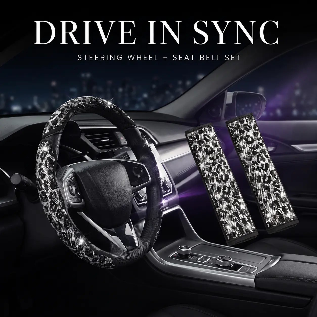 Queen’s Land Leopard Bling Sparkly Car Accessories Set with Crystal Rhinestones, 3PCS Steering Wheel Cover and 2PCS Seat Belt Shoulder Pads, Girly Car Decor, Car Accessories for Women Gift
