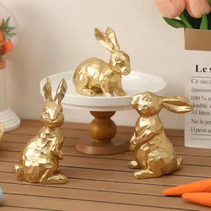 Easter Bunny Decorations - Set of 3 Golden Resin Rabbit Statues for Easter Table and Home Centerpiece
