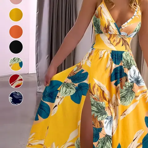 Women's Cami Dress, Spaghetti Strap Boho Fashion Bohemian Aesthetic Casual Sleeveless Long Dress for Beach Holiday Vacation, Ladies Summer Clothes Casual Boho Chic, Bohemian Summer Dress, Boho Beach Sundresses