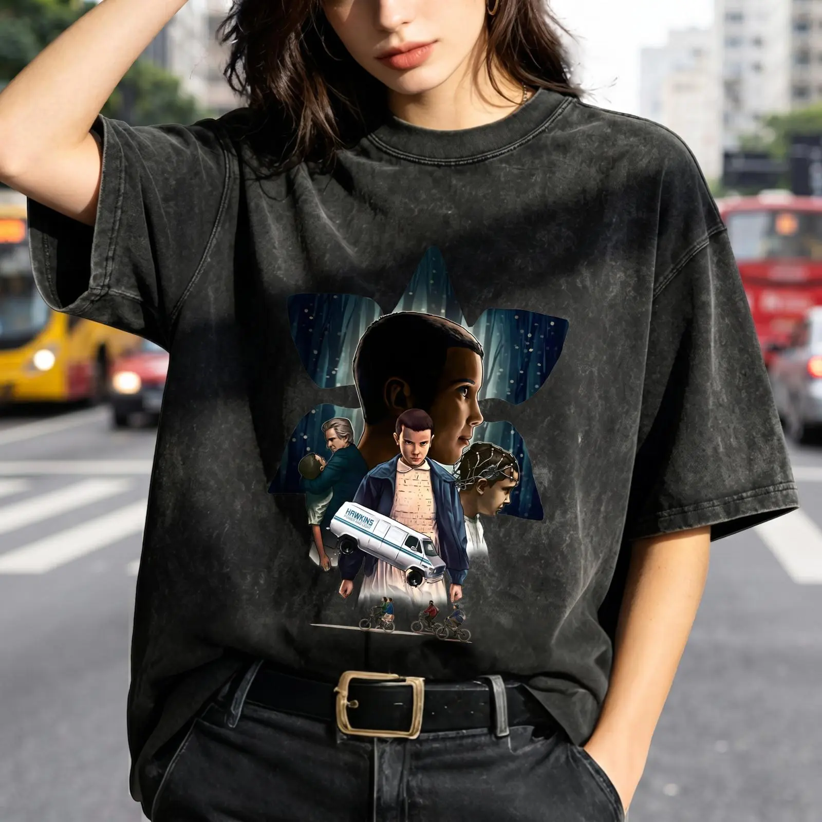Women's Vintage Washed T-Shirt Stranger Things Character Collage Print Oversized Graphic Tee Outdoor Casual Short Sleeve