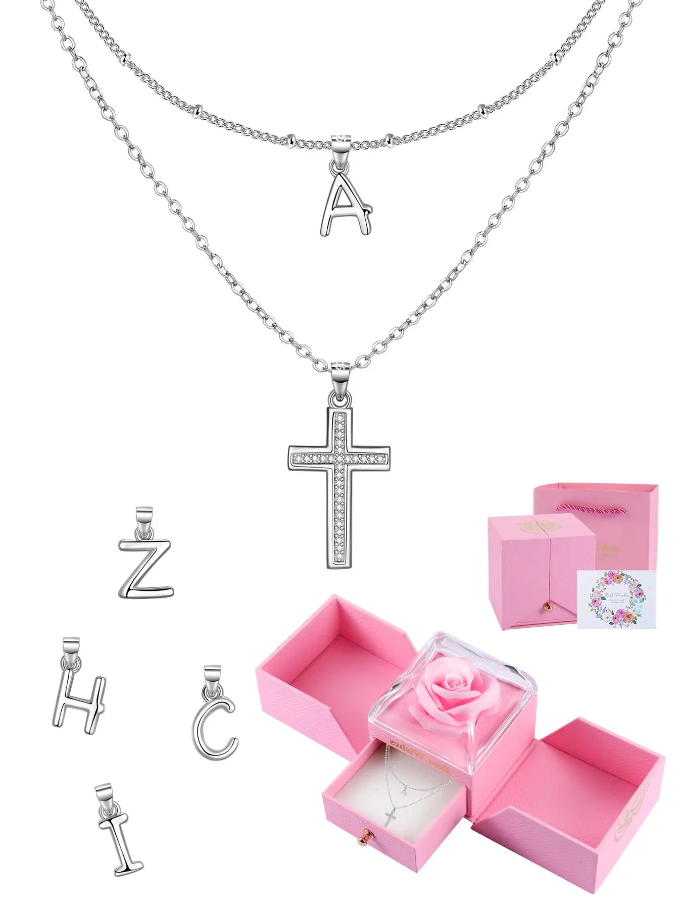 Two Layered Cross Initial Necklace with Rose Gift Box, Dainty Cross Letter Initial Pendant Necklaces for Women, Birthday Anniversary Gift for Mom Wife Girlfriend, Minimalist Chain, Faith Pendant Necklace, Cross Jewelry