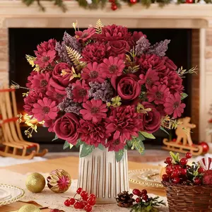 6 Pack Artificial Flowers Like Real Artificial Bouquet Silk Artificial Roses Bouquet with Daisy Chrysanthemum Pink Flowers for Decorative Centerpiece Table Wedding Party Home Spring Decor Artificial Mixed Flower Home Decor Accessory