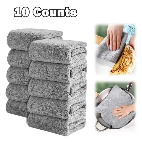 10 Counts Microfiber Cleaning Cloth, Tackle Grease and Dirt on Dishes and Counters, Grey