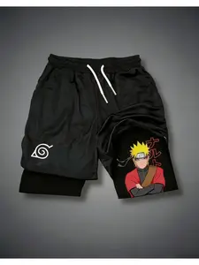 Men's Anime Ninja 2-In-1 Gym Shorts, Fitness Training Shorts, Loose-Fitting Graphic Style, Sporty Clothing for Gym