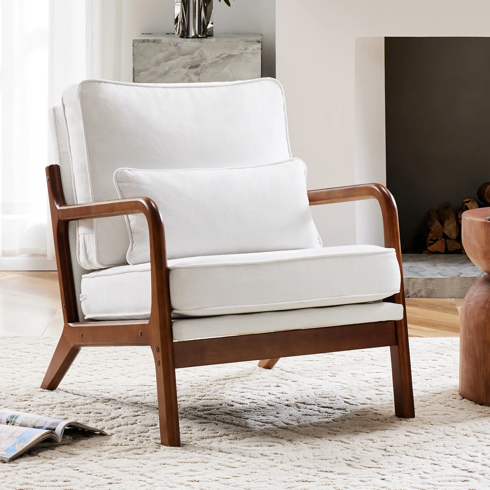 Mid-Century Modern Comfy Armchair with Waist Cushion - Solid Wooden Frame, Chair with Cushions, Durable Indoor Furniture for Living Room, Bedroom