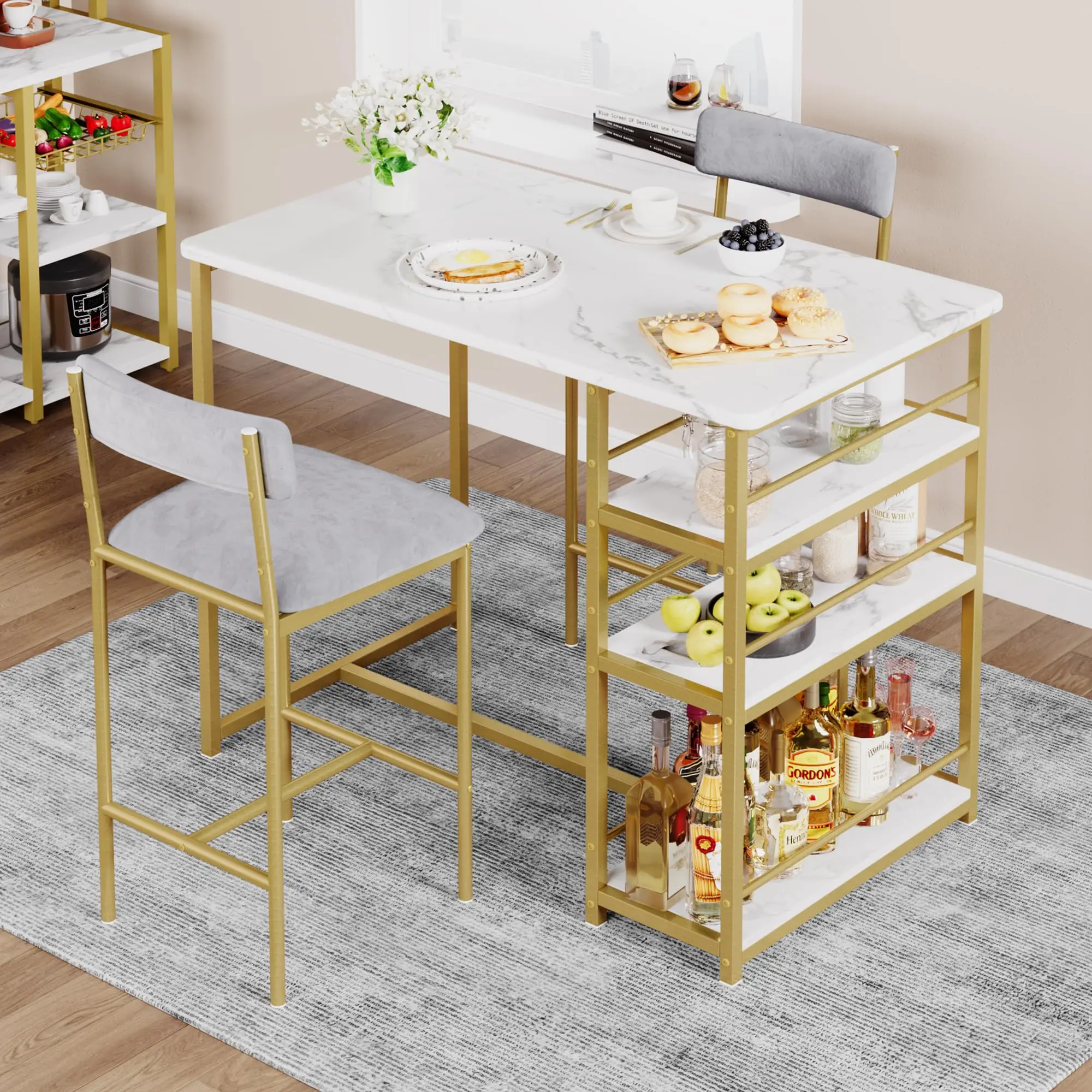 Garvee 3-Piece Dining Table Set for 2 with Upholstered Velvet Gray Chairs, Counter Height Kitchen Table Featuring 3 Storage Shelves, Ideal for Small Spaces and Apartments