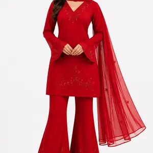 Handwork Boutique 3-Piece 90's Inspired Short Salwar Kurta with Embroidered Details and Flared Pants Womenswear Clothes Salwarkameez