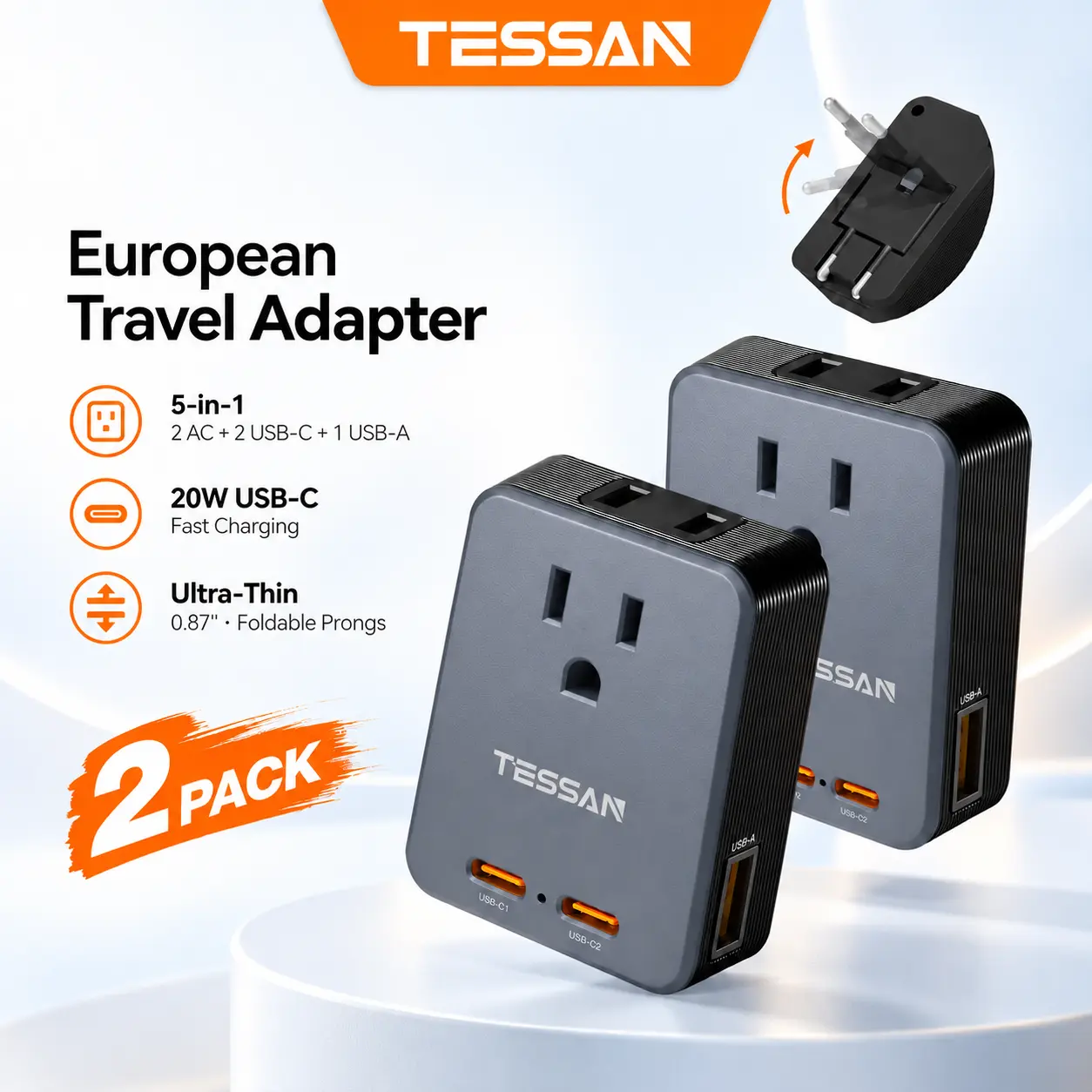 TESSAN European Travel Plug Adapter, Foldable Type C Adapter 2 Pack Black 2 AC and 3 USB(2 USB C with PD 20W), Ultra Thin European Plug Adapter for US to EU Spain France Iceland Italy Germany