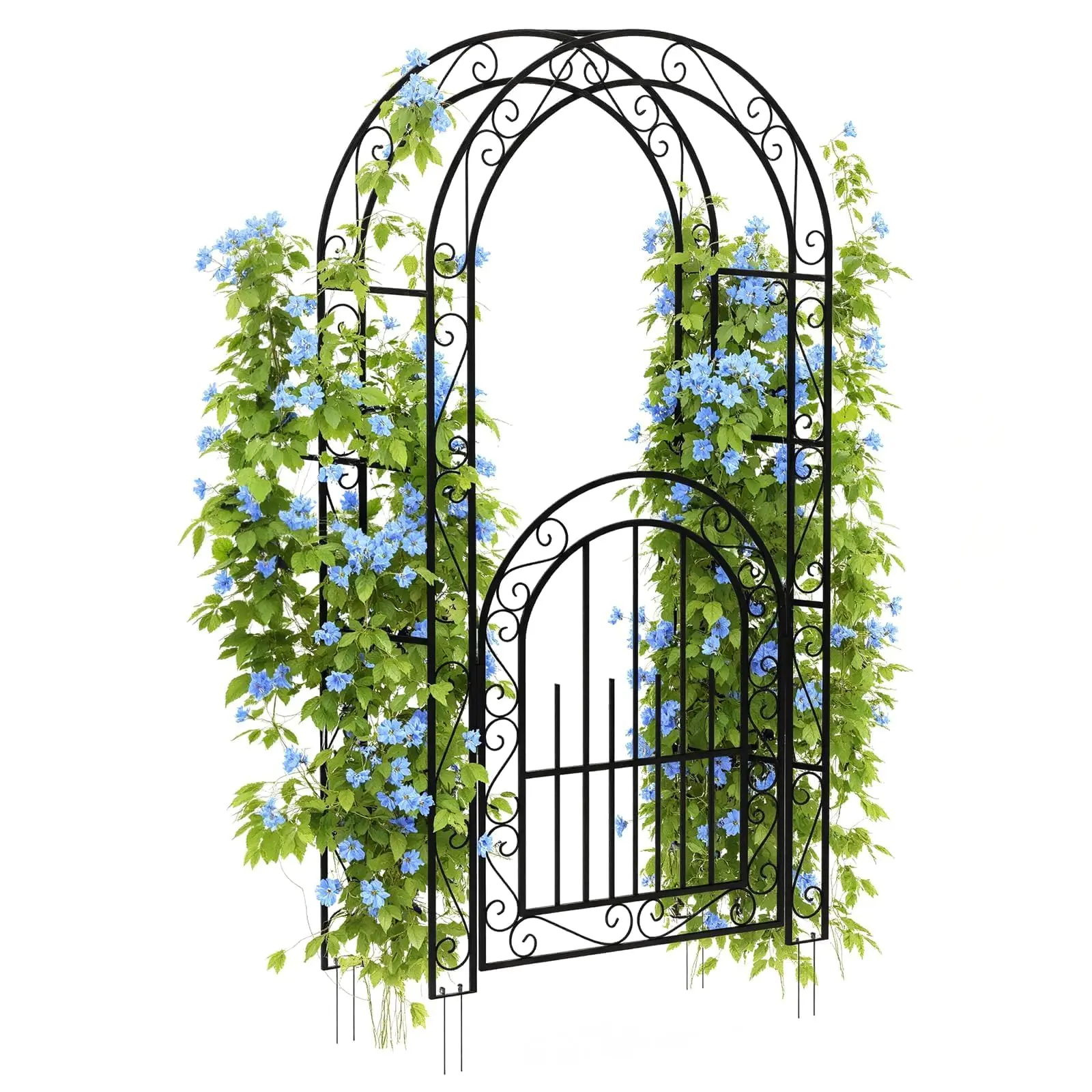 [GAOMON]7 FT Elegant Garden Arch with Gate - Romantic Steel Wedding Arbor for Climbing Roses & Vines, Decorative Metal Archway for Lawn, Patio or Backyard, Classic Black