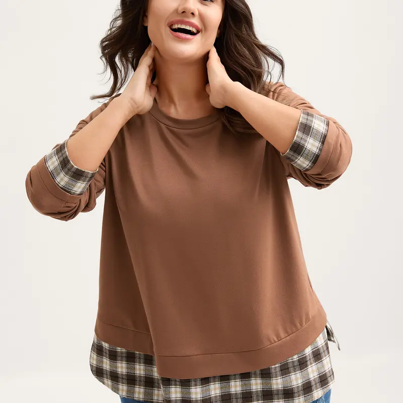 BloomChic Women's Plus Size Casual Plaid Patchwork Sleeveless Hoodie - Breathable Simple Everyday Cotton Blend Fabric Sweatshirt, Flattering Lightweight Pullover Top for Back to School Shopping, SohoChic