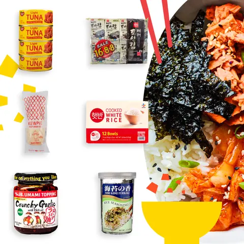 Dongwon Spicy Tuna Ambient Ultimate Meal Bundle - CJ Rich Umami-Packed Korean Instant Pantry Food, Microwave Bowl Quick-Prep Meal with Canned Light Tuna, Hot Pepper Sauce, Creamy Mayo Adds Silky Bite, Seaweed Nori Rice Seasoning (No Rice)