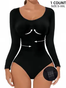 Women's Ribbed Abdomen Control Body Sculpting Compression Tight Bodysuit, Long Sleeve Round Neck Seamless Comfortable Fit Soft Elastic Fabric Casual Daily Wear,Sexy Underwear,Lady Body Shaper Compression for Autumn&Winter