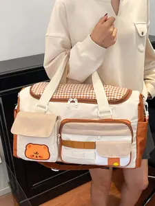 1pc Ladies' travel bag, contrasting color handbag, shoulder bag, zipper closure, suitable for students, business trips, Travel Essentials Carryall, Travel Essentials Bag