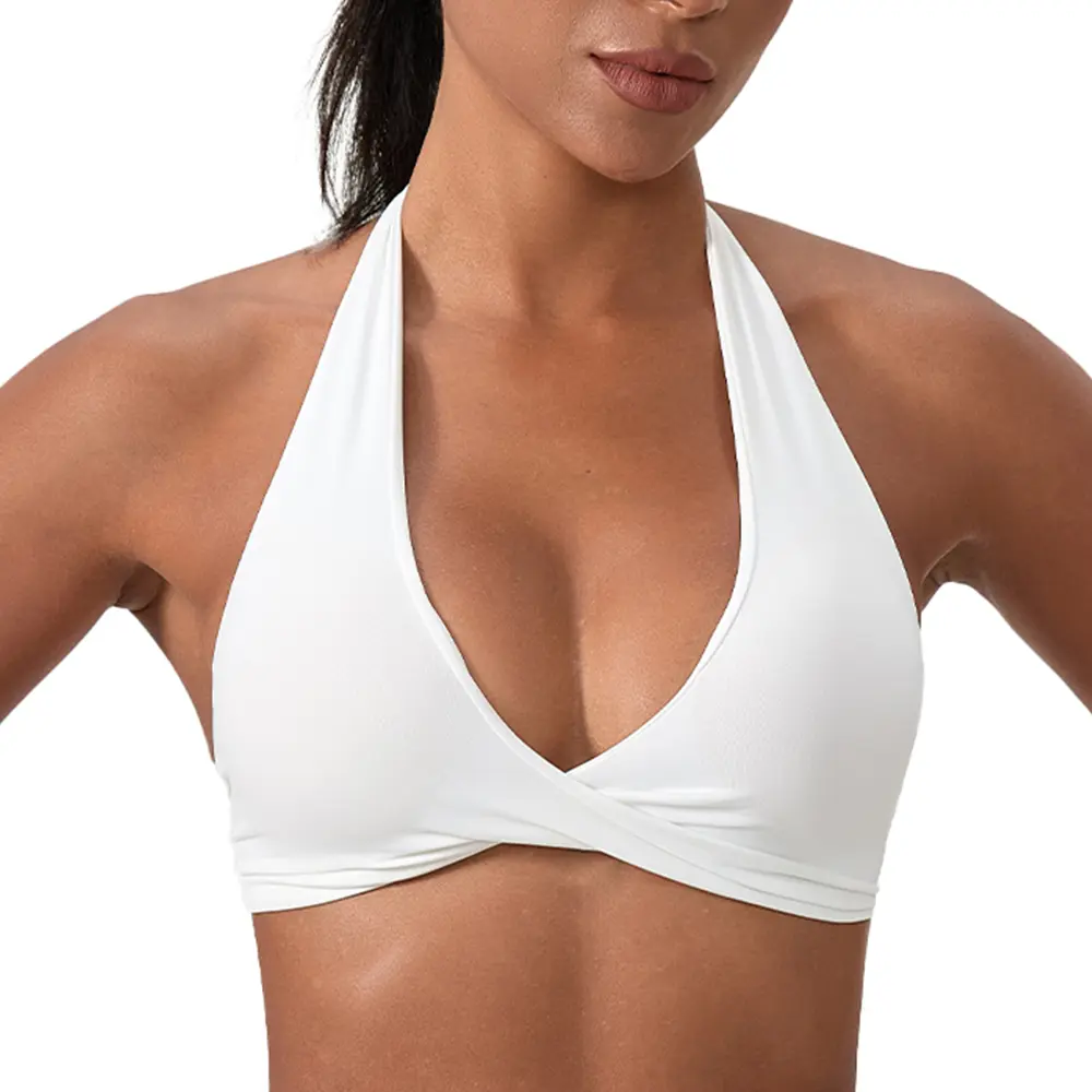 Women's Strappy Halter V-Neck Nylon Quick-Dry Strappy Sports Bra - Twist Front Stretchy Workout Crop Top with Removable Pads, Low Support Female Bra for Yoga, Pilates, Yoga Gym Wear
