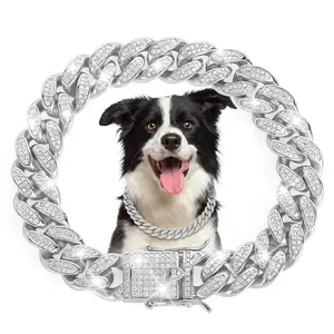 Silver Dog Chain Collar Diamond Cuban Link Dog Collar 13mm Wide Dog Necklace Metal Cat Chain Pet Crystal Collar Jewelry Accessories for Small Medium Large Dogs Cats